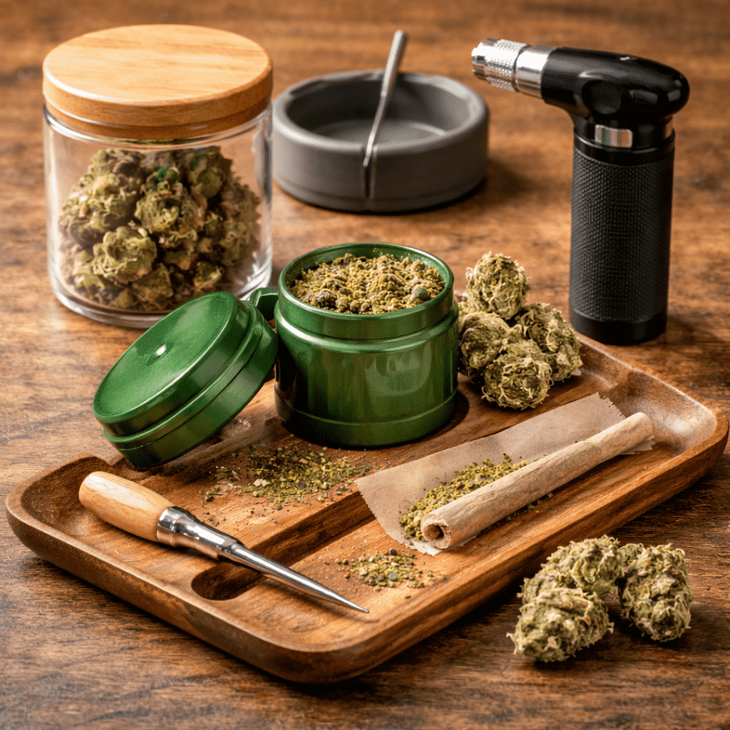 Cannabis accessories including grinder tray and tools at Anchorage dispensary